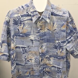 Pierre Cardin Blue and Tan Tropical Print Short-Sleeve Button-Down Shirt